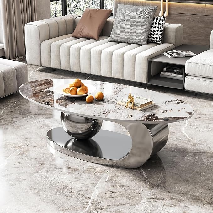 Marble Grain Coffee Table with Silver Stainless Steel Pedestal,Modern Coffee Tables,Oval Living Room Table with Faux Marble Top & Luxury Legs,Sintered Stone Cocktail Center Table,51.20inch