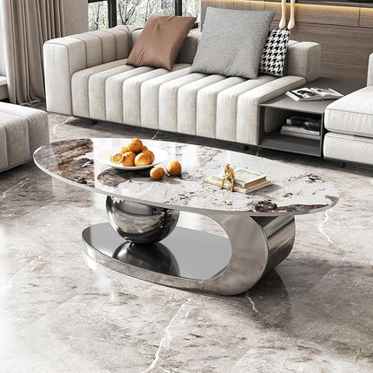 Marble Grain Coffee Table with Silver Stainless Steel Pedestal,Modern Coffee Tables,Oval Living Room Table with Faux Marble Top & Luxury Legs,Sintered Stone Cocktail Center Table,51.20inch