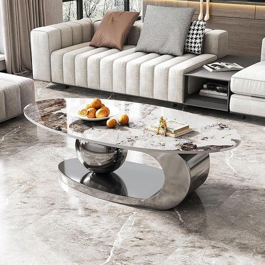 Marble Grain Coffee Table with Silver Stainless Steel Pedestal,Modern Coffee Tables,Oval Living Room Table with Faux Marble Top & Luxury Legs,Sintered Stone Cocktail Center Table,51.20inch