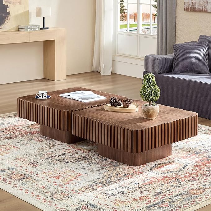 Square Wood Coffee Table for Living Room Modern Drum Wooden Fluted Handcraft Center Tea Cocktail Small Space, Easy Assembly 31.5" W x13.77 H Walnut