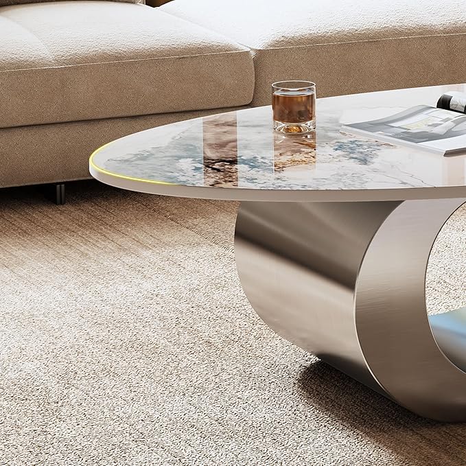 Marble Grain Coffee Table with Gold Stainless Steel Pedestal,Modern Coffee Tables,Oval Living Room Table with Faux Marble Top & Luxury Legs,Sintered Stone Cocktail Center Table,49.2 inch