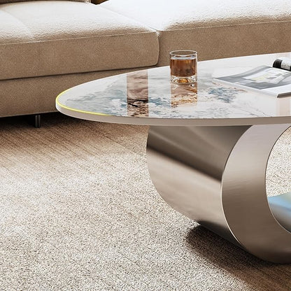 Marble Grain Coffee Table with Gold Stainless Steel Pedestal,Modern Coffee Tables,Oval Living Room Table with Faux Marble Top & Luxury Legs,Sintered Stone Cocktail Center Table,49.2 inch