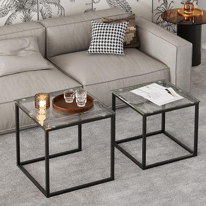 VILAWLENCE Coffee Table Set of 2, Modern Black Glass Side Table, Metal Frame Square End Table, Center Tables,Nesting Coffee Table for Living Room,Bedroom and Small Spaces