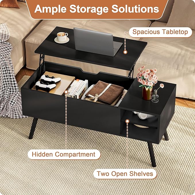 ALINE FURNITURE Black Lift Top Coffee Table with Hidden Storage Compartment, Solid Wood Legs & Open Shelves - 40" Pop Up Coffee Tables for Living Room
