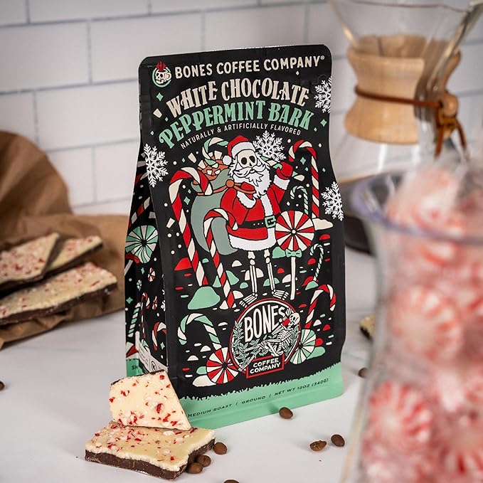 Bones Coffee Company White Chocolate Peppermint Bark Flavored Coffee, Medium Roast Low Acid Arabica Beans Compatible with Auto drip and French Press Coffee Maker, 12 Oz Whole Bean
