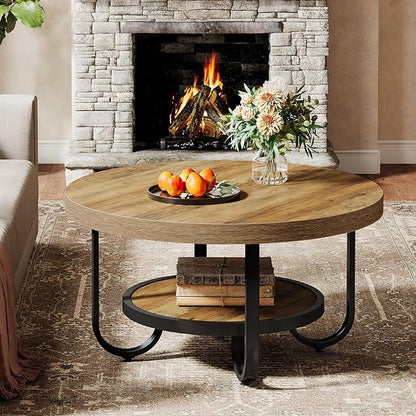 Tribesigns Round Coffee Table, 31.5" Modern Wood Circle Center Table with Storage Shelf and Metal Frame, 2-Tier Industrial Accent Cocktail Table for Living Room, Small Space, Apartment, Brown
