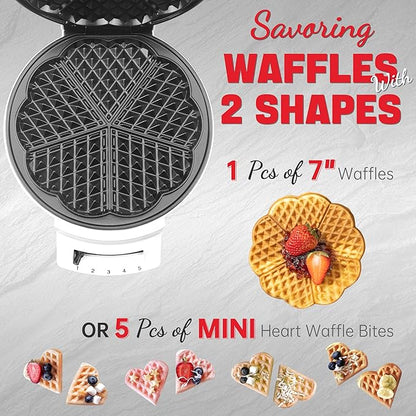 Mini Heart Shaped Waffle Maker, Thin Waffle Maker Iron with Shade Control, Make 7'' Large Waffle or 5 Mini Heart Waffles, Non Stick Cooking Plates with Fast & Even Heating