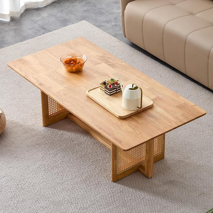 Mid Century Modern Wood Coffee Table with PE Rattan Stand, 47 Inch Rectangular Solid Wood Boho Coffe Table, Unique Center Cocktail Table for Livinig Room Apartment Office