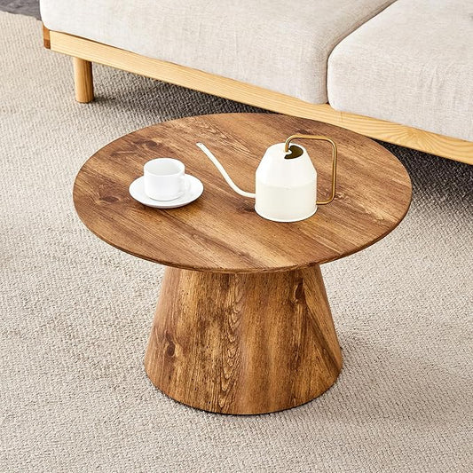Wood Coffee Table, 25.6" Small Coffee Table, Natural Wood Grain Round Tabletop with Wooden Cone Base, Round Living Room Table with Adjustable Feet, Mid Century Center Table for Apartment,Small Space