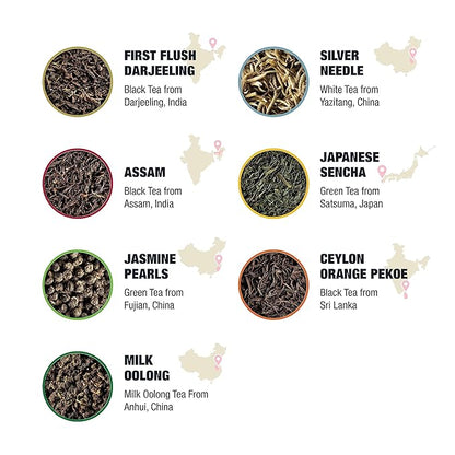 Tiesta Tea - Single Origin Tea Sampler Dry Flight Set, Loose Leaf, High to Low Caffeine, Makes Hot & Iced, Assorted Brew Sets with Green, White, Black & Oolong, 7 Resealable Sample Pouches