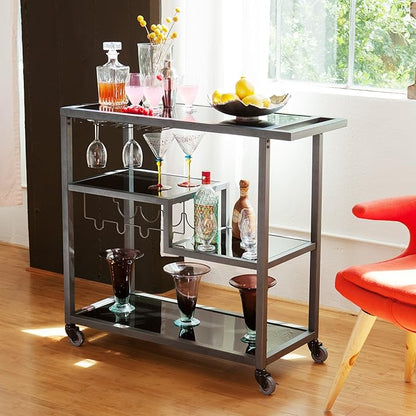 SEI Furniture Zephs Metal and Tempered Glass Locking Castor Wheels Bar Cart, 40 W x 16 D x 37.25 H, Gunmetal, Black