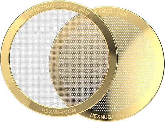 HEXNUB - Reusable Metal Filters for AeroPress Coffee Maker, Stainless Steel Filter Fits AeroPress Original & Go Cafe Press, Fuller Bodied Coffee Than Paper Filters - GOLD 2-PACK