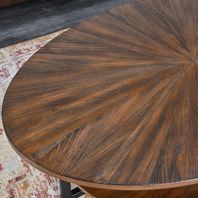 Solid Wood Oval Coffee Table with Cross Metal Legs, 43.3in Modern Industrail Center Table with Open Shelf Cocktail Tea Table for Living Room Bedroom, Rustic Brown 1811NC