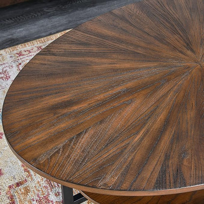 Solid Wood Oval Coffee Table with Cross Metal Legs, 43.3in Modern Industrail Center Table with Open Shelf Cocktail Tea Table for Living Room Bedroom, Rustic Brown 1811NC