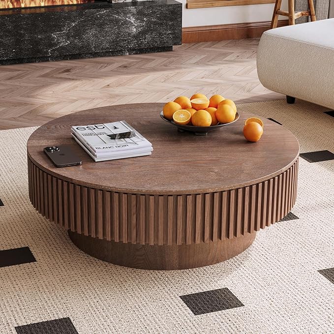 39 Inch Round Drum Coffee Table with Storage, Modern Handcraft Fluted Drum Coffee Table, Wooden Round Cocktail Tea Table Center Table with Sturdy Pedestal for Living Room Apartment (Walnut)
