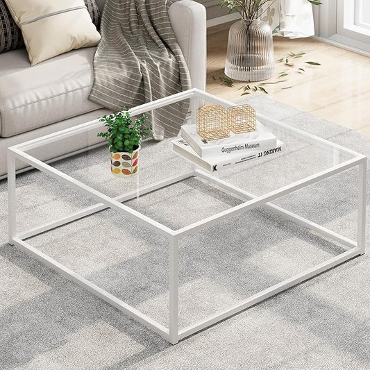 Glass Coffee Table, Square Coffee Table for Living Room, Modern Simple Center Table for Office, Home, Small Space, Clear Tempered Glass with Sturdy Metal Frame, 27 x 27In, White