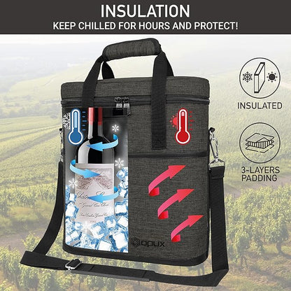 opux 3 Bottle Wine Carrier Tote, Insulated Leakproof Wine Cooler Bag, Wine Travel Bag for Picnic BYOB Beach, Portable Wine Bottle Carrying Case, Gift for Wine Lover Women Men Christmas, Charcoal Grey