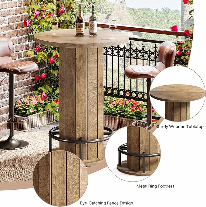 Tribesigns Round Bar Table, 39.4" H Wood Bistro Pub Table with Metal Ring Footrest for Dining Coffee Cocktail Living Room, Small Space, Light Brown(Only Table)
