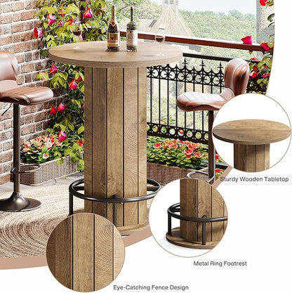 Tribesigns Round Bar Table, 39.4" H Wood Bistro Pub Table with Metal Ring Footrest for Dining Coffee Cocktail Living Room, Small Space, Light Brown(Only Table)