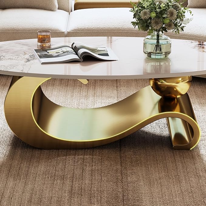 Marble Grain Coffee Table with Gold Stainless Steel Pedestal,Modern Coffee Tables,Oval Living Room Table with Faux Marble Top & Luxury Legs,Sintered Stone Cocktail Center Table,49.2 inch