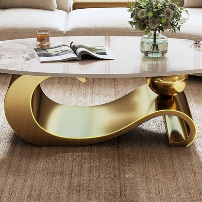 Marble Grain Coffee Table with Gold Stainless Steel Pedestal,Modern Coffee Tables,Oval Living Room Table with Faux Marble Top & Luxury Legs,Sintered Stone Cocktail Center Table,49.2 inch