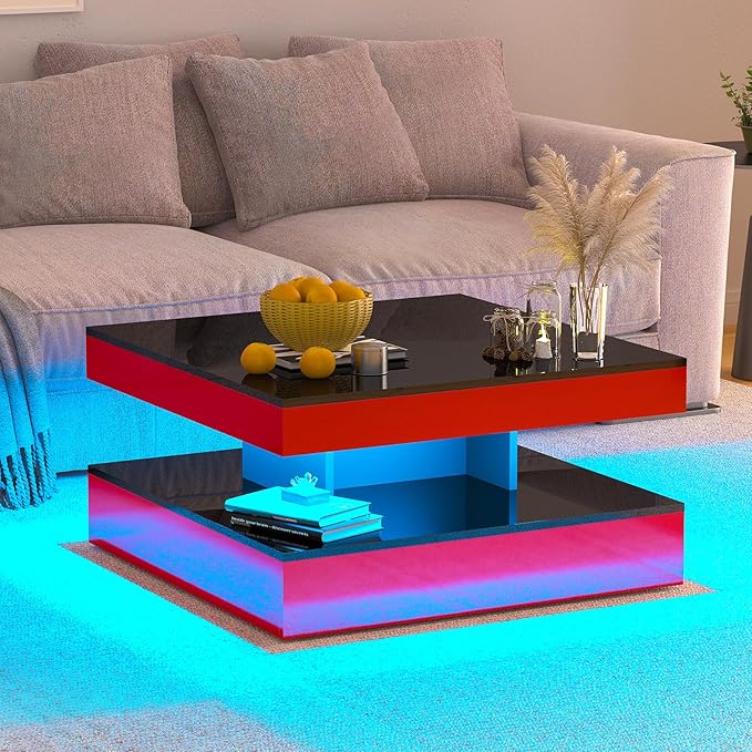 Red LED Coffee Table for Living Room, Living Room Table 2-Tier Square Modern High Glossy Contemporary Wood Coffee Tables with Storage, Tea Table for Dining Reception Room