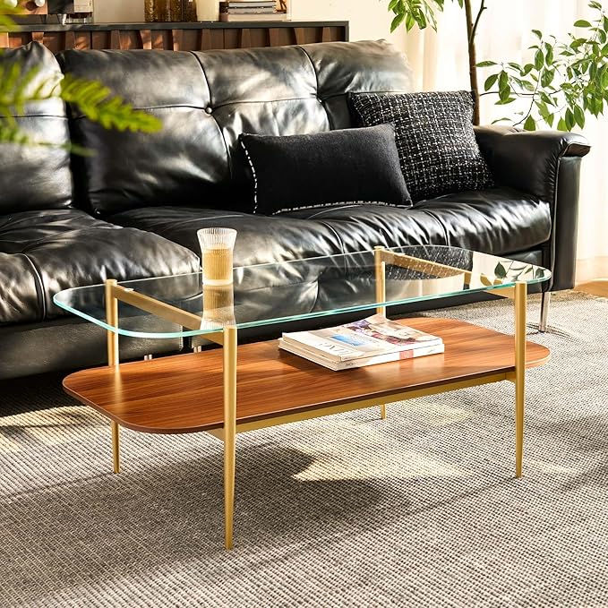 AGV LIGHTING Tadio Glass Coffee Table, Mid-Century Modern Coffee Table for Living Room, Gold Finish Leg, Clear Glass Top & Walnut Brown Shelf, Rounded Corners