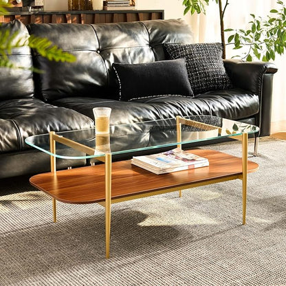 AGV LIGHTING Tadio Glass Coffee Table, Mid-Century Modern Coffee Table for Living Room, Gold Finish Leg, Clear Glass Top & Walnut Brown Shelf, Rounded Corners