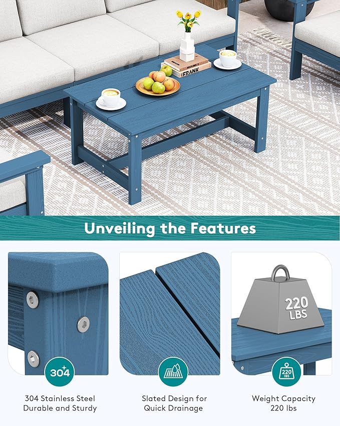 SERWALL HDPE Patio Coffee Table, Rectangle Outdoor Coffee Table, All-Weather Coffee Side Table for Balcony, Poolside, Deck, Garden, Blue