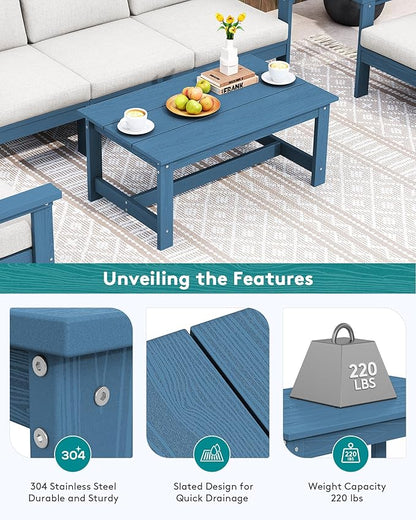 SERWALL HDPE Patio Coffee Table, Rectangle Outdoor Coffee Table, All-Weather Coffee Side Table for Balcony, Poolside, Deck, Garden, Blue