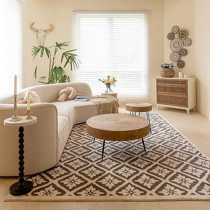 LONYKE 2-Piece Boho Farmhouse Nesting Table with Handcrafted Wood Ring Motif, Round Natural Finish Coffee Table Set for Living Room, French Country Decor, Round