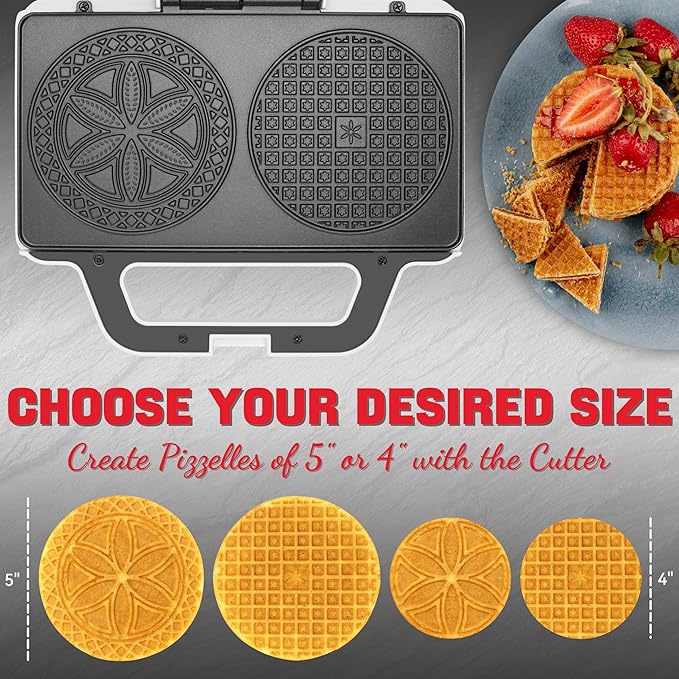 Pizzelle Maker Electric, Non-stick Stroopwafel Iron, 2 X 5" Cookie Machine for Christmas, 4" Mold Included, White
