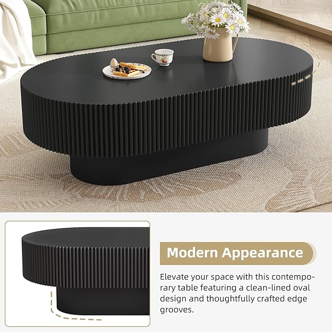 43.3 Inch Oval Drum Coffee Table, Modern Handcraft Fluted Drum Coffee Table, Wooden Oval Center Table Cocktail Table with Stable Pedestal for Living Room Apartment (Black)