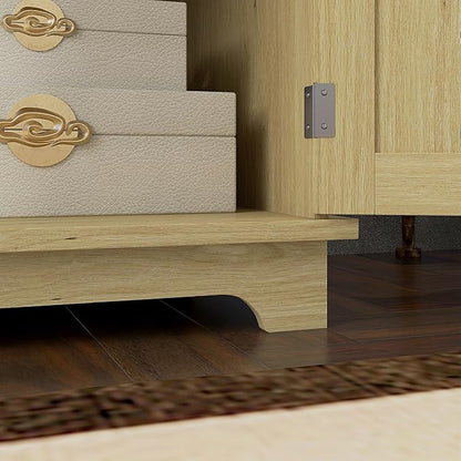 HOMCOM Sideboard with Solid Wood Countertop, Modern Kitchen Storage Cabinet, Coffee Bar Cabinet with 2 Drawers, Doors and Adjustable Shelf, Natural Rattan