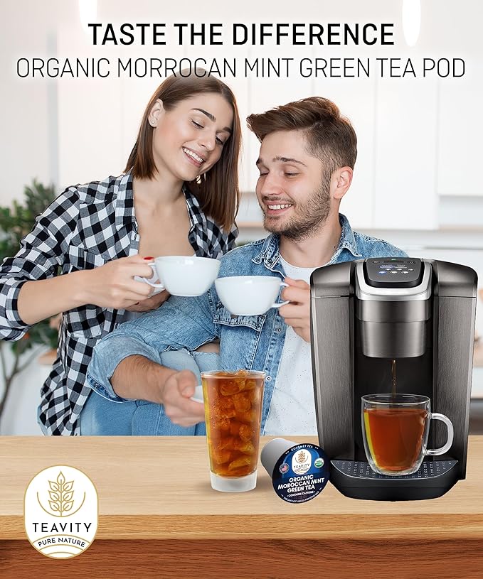 Organic Moroccan Mint Tea and Green Tea Pods for Keurig - Caffeinated Unsweet Tea for K Cup Brewing by Teavity (12 Tea Pods)