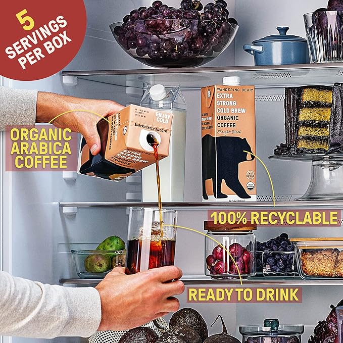 Wandering Bear Organic Mocha Cold Brew Coffee, 32 fl oz, 3 pack - Extra Strong, Bold, Smooth, Unsweetened, Shelf-Stable, Ready to Drink, Gluten Free, & Vegan, Iced Cold Brewed Coffee Drinks