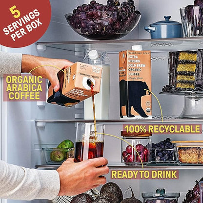 Wandering Bear Organic Mocha Cold Brew Coffee, 32 fl oz, 6 pack - Extra Strong, Bold, Smooth, Unsweetened, Shelf-Stable, Ready to Drink, Gluten Free, & Vegan, Iced Cold Brewed Coffee Drinks