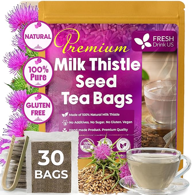 FreshDrinkUS, Premium 30 Milk Thistle Tea Bags, 100% Natural & Pure from Milk Thistle Seeds. Milk Thistle Seed Herbal Tea. Made with Natural Material Tea Bags. No Sugar, No Caffeine, No Gluten, Vegan.