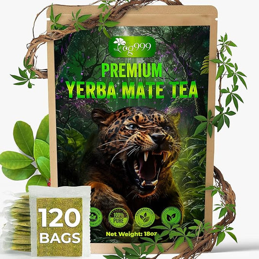TOG999, 120 Tea Bags Yerba Mate, Hi-Caffeine, Unsmoked Yerba Mate Tea Bags, Super-Green Yerba Mate, No Dust, Fresh - Never Aged (Ilex Paraguariensis), Cultivated from Argentina - Rich in Antioxidants and Plant Nutrients.