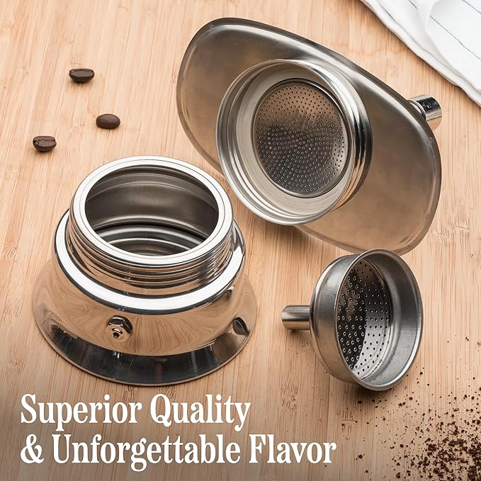 Kings County Tools Double Spout 2 Cup Coffee Maker - Stainless Steel Stovetop Espresso Maker - Italian Coffee Machine for Espresso, Cappuccino, and Mocha - Portable Brew Pot for Home or Camping