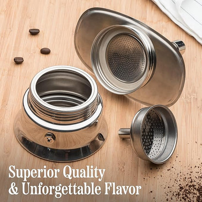 Kings County Tools Double Spout 2 Cup Coffee Maker - Stainless Steel Stovetop Espresso Maker - Italian Coffee Machine for Espresso, Cappuccino, and Mocha - Portable Brew Pot for Home or Camping