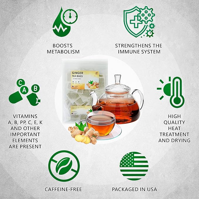 TeadreamTea Ginger Tea Bags - 200 Bleach-Free Tea Bags | Caffeine Free, Antioxidant, Calms Upset Stomach - Strengthen Immune System - Herbal Ginger Tea