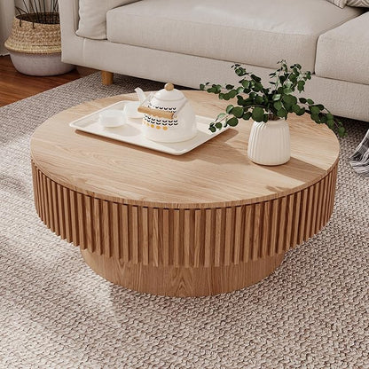 31.5 Inch Round Drum Coffee Table with Storage, Modern Handcraft Fluted Drum Coffee Table, Wooden Round Coffee Table Center Table with Sturdy Pedestal for Living Room Apartment (Natural)