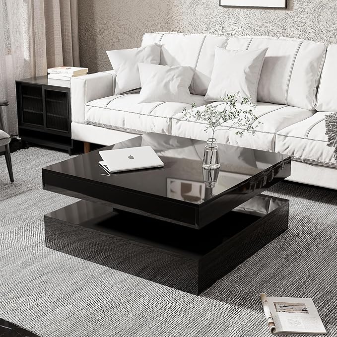 Black LED Coffee Table for Living Room, Living Room Table 2-Tier Square Middle Center Table, Modern Coffee Tables with Storage, Contemporary Wood Tea Tables for Dining Reception