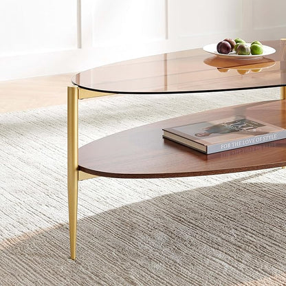 Oval Glass Coffee Table, Mid-Century Modern Design, L43 x W21 x H17 inch, for Living Room, 2-Tier Structure, Amber Glass Top, Walnut Finish Wood Shelf & Gold Finish Frame
