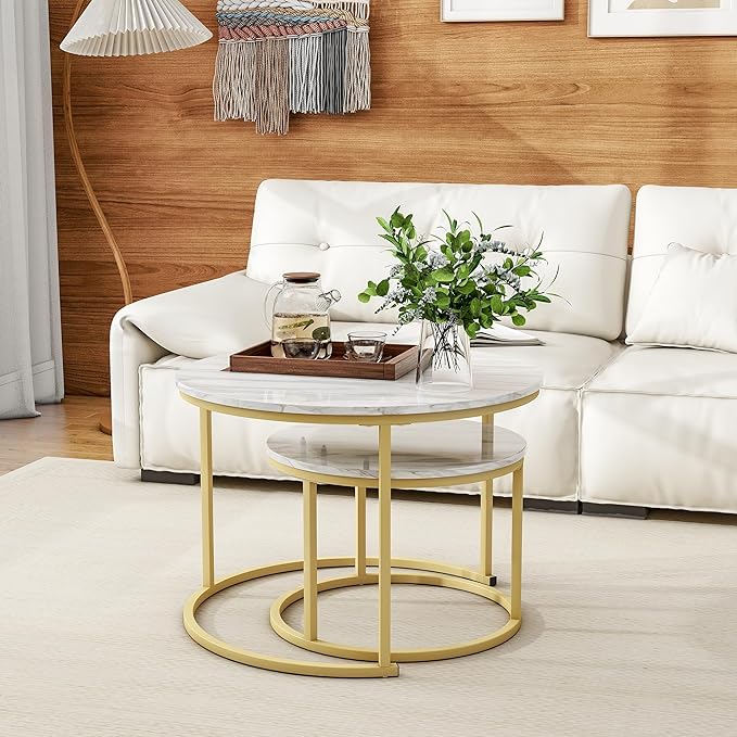 Round Coffee Table Set of 2 End Tables for Living Room,Circular and Marble Nesting Coffee Table Wooden Accent Furniture with Golden Metal Frame,Stacking Side Tables,White