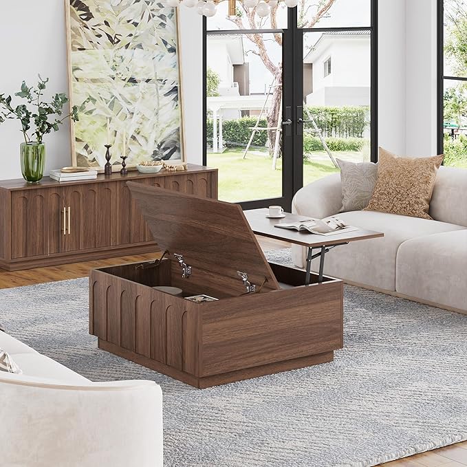 Lift Top Coffee Table with Storage, Mid Century Modern Coffee Table with Arched Design, 31.5" Square Tea Table with Wood Grain, Multifunctional Center Table for Living Room, Office, Walnut