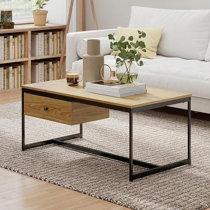 Manora Minimalist Coffee Table with Drawer, Modern Industrial Aesthetic Center Table for Living Room, Stylish Wood Modern Coffee Table with Storage, Light Brown