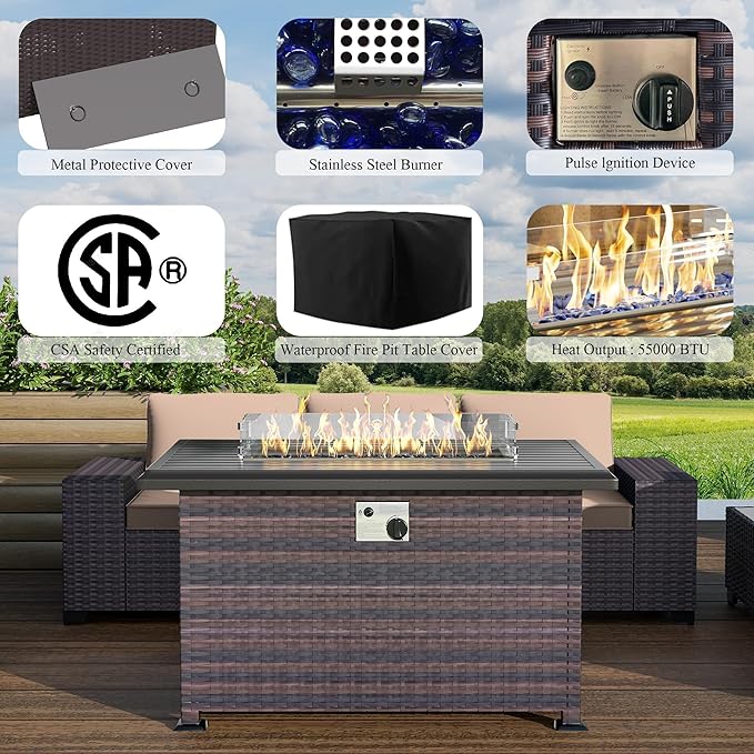 10 Pieces Outdoor Patio Furniture Set Outdoor Furniture Patio Sectional Sofa Conversation Sets w/ETL Approved 45" Gas Outdoor Fire Table & Coffee Table, Swivel Rocking Chair (Brown)