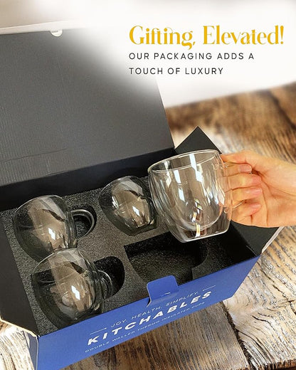 Kitchables Double Walled Glass Coffee Mugs Set of 4, 8oz - Insulated Glass Coffee Mugs for Cappuccino, Latte, Tea, Espresso - Latte Cup - Tazas Para Cafe